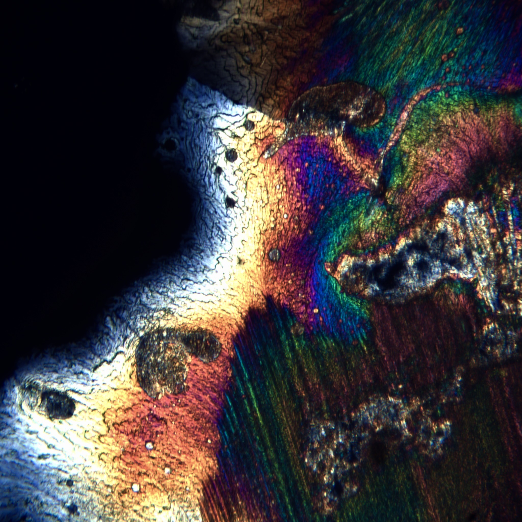 Crystal structure formed from cremated remains, cross-polarized light detail