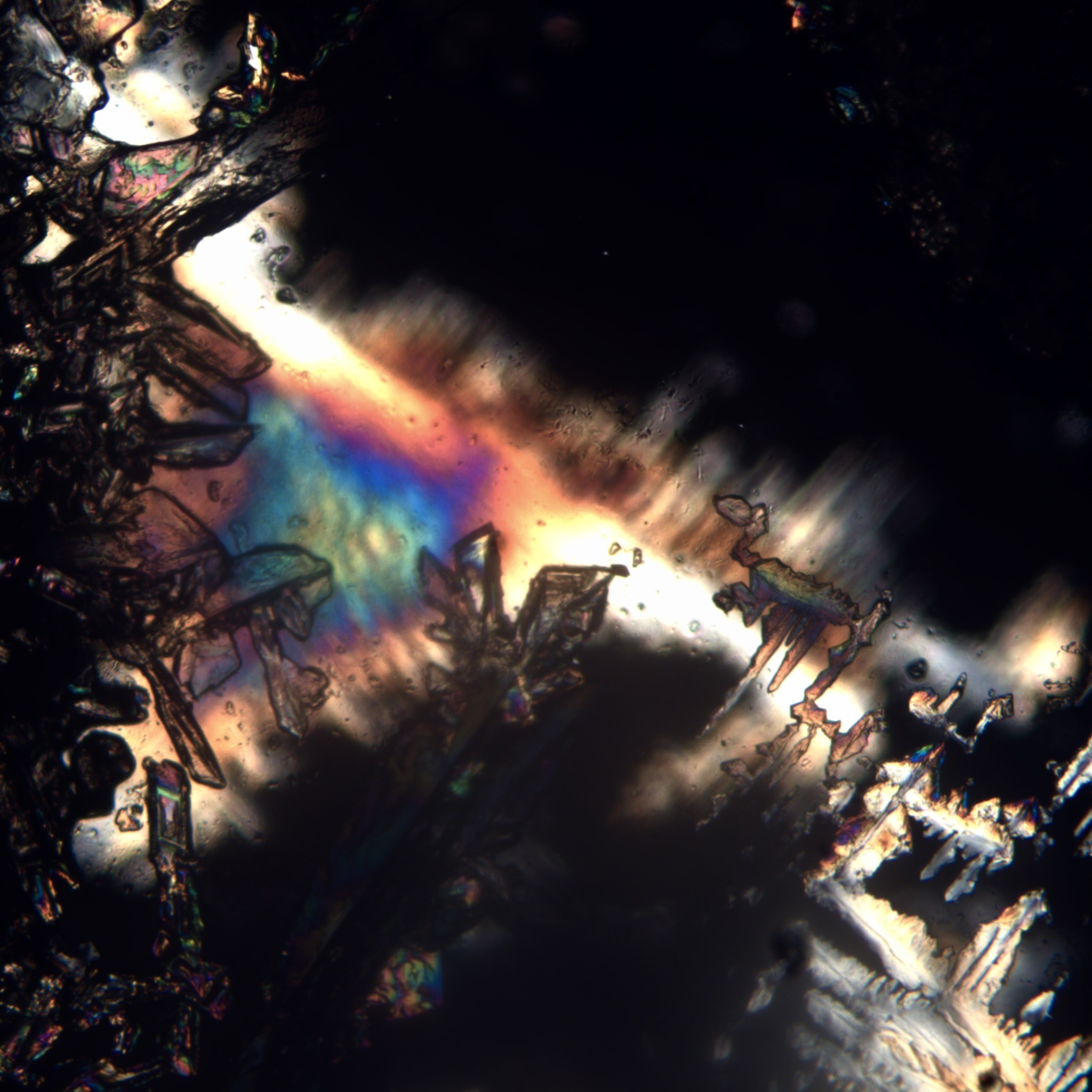 Crystal structure formed from cremated remains, cross-polarized light detail