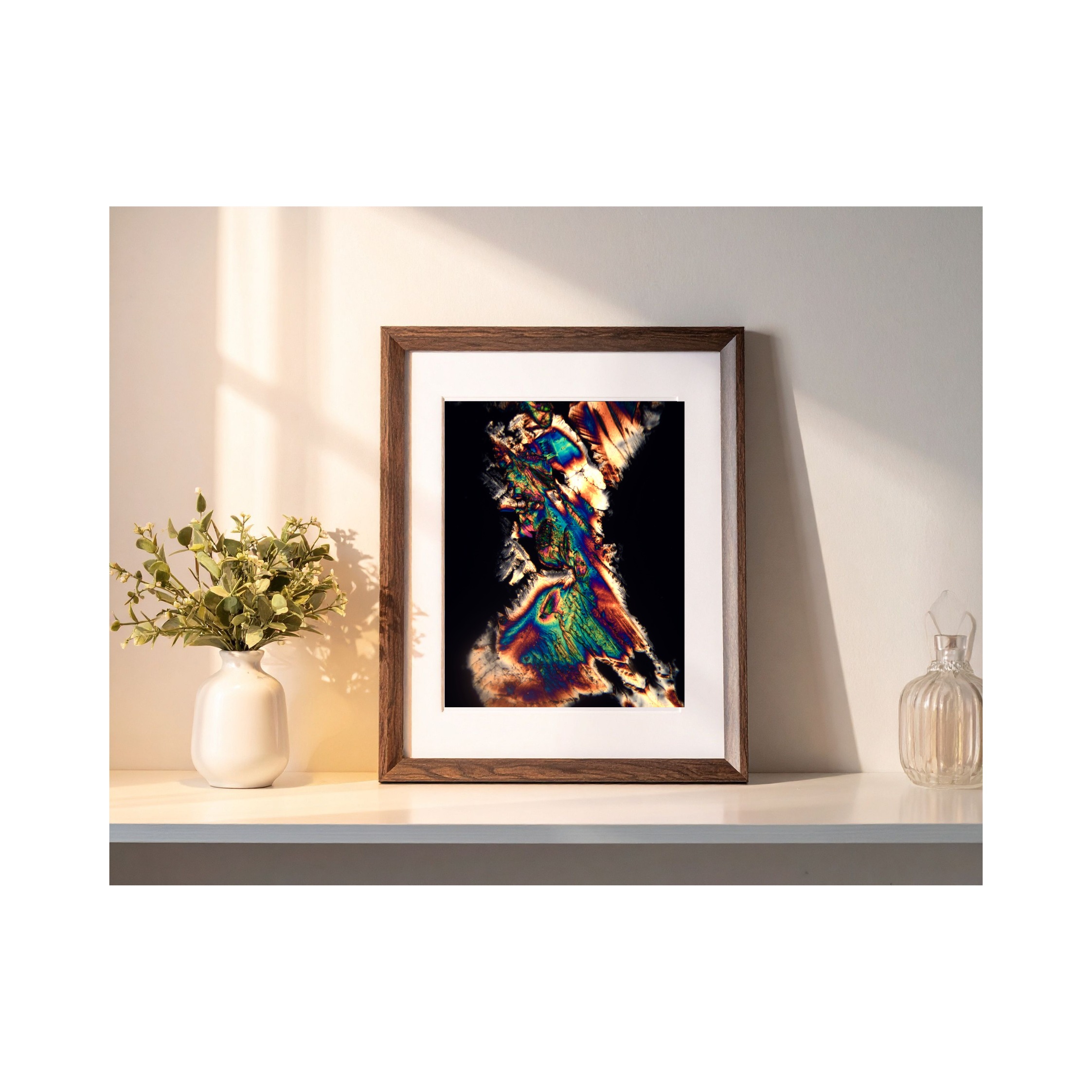 A finished Lumaren artwork, framed and displayed on a mantel